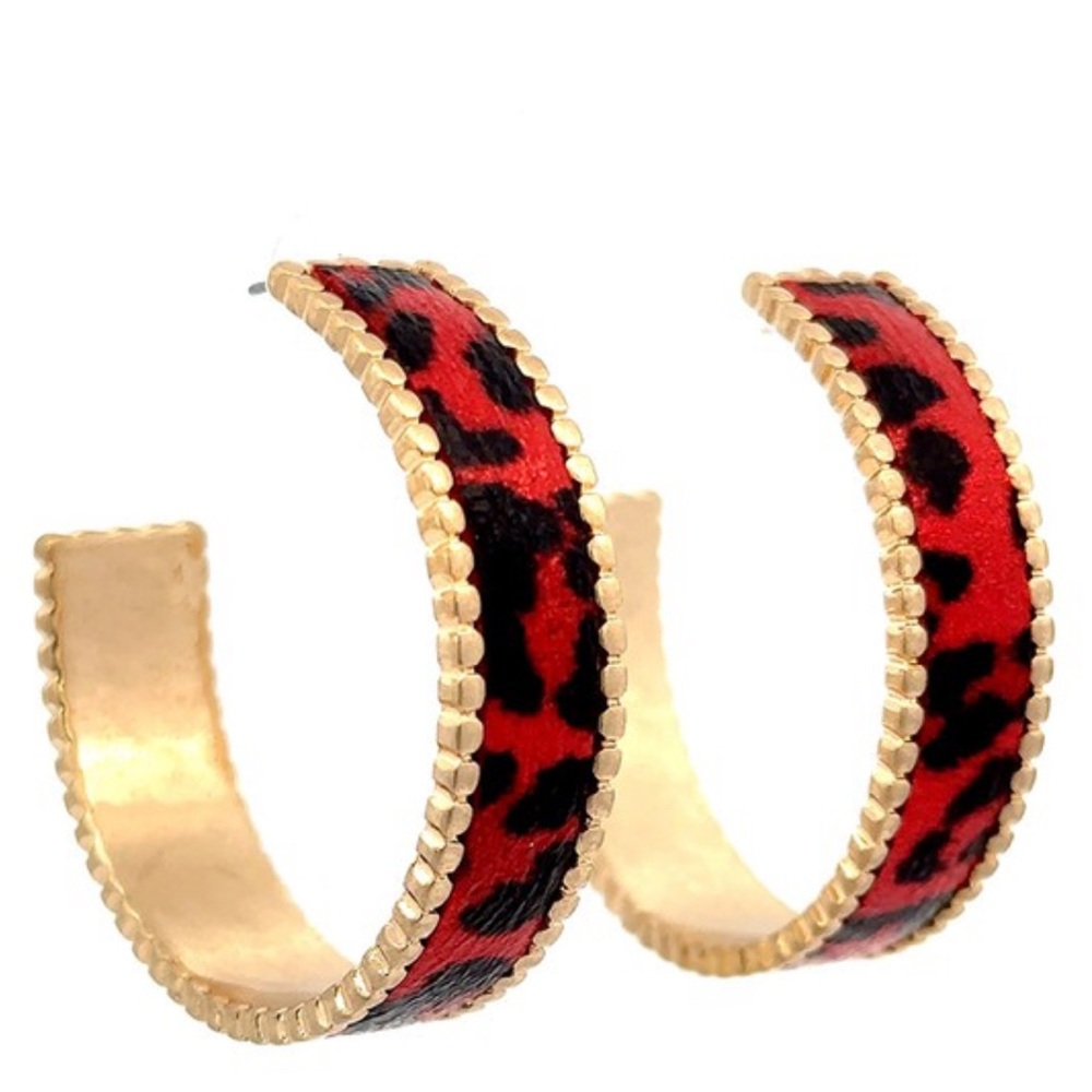 Gold Hoop Earrings with Red Leopard Print Accent